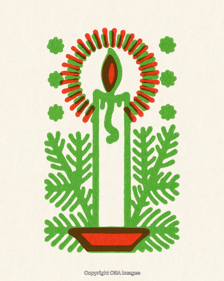 Festive Candle Illustration with Holiday Flair and Evergreen Decorations