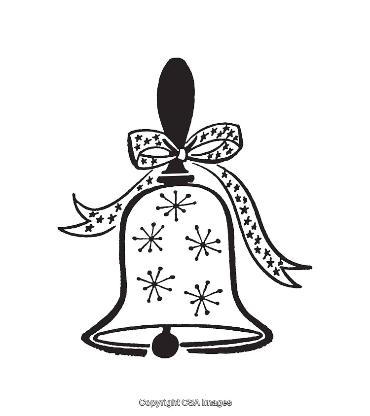 Decorative Black and White Bell Illustration with Festive Patterns and Bow