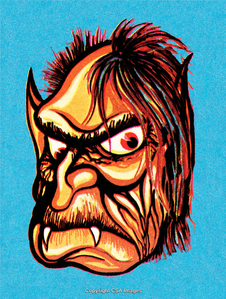 Colorful Illustration of a Fierce and Angry Monster Face on Blue Background