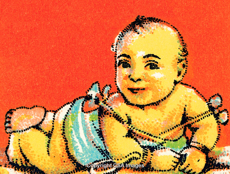 Vibrant Illustrative Portrait of a Smiling Baby on a Red Background