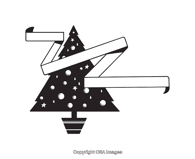 Black And White Illustration of a Decorated Christmas Tree With Blank Ribbon