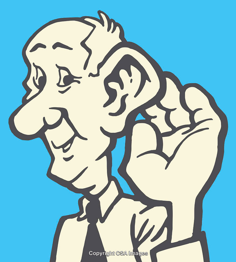 Cartoon Illustration of a Person Listening Hand Behind Ear