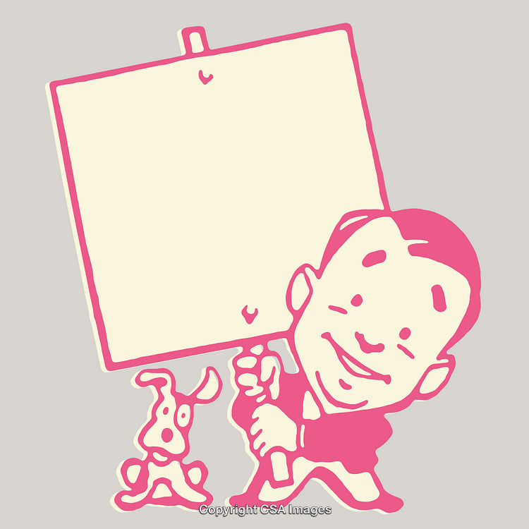 Cheerful Cartoon Illustration of a Boy With a Blank Sign and a Dog