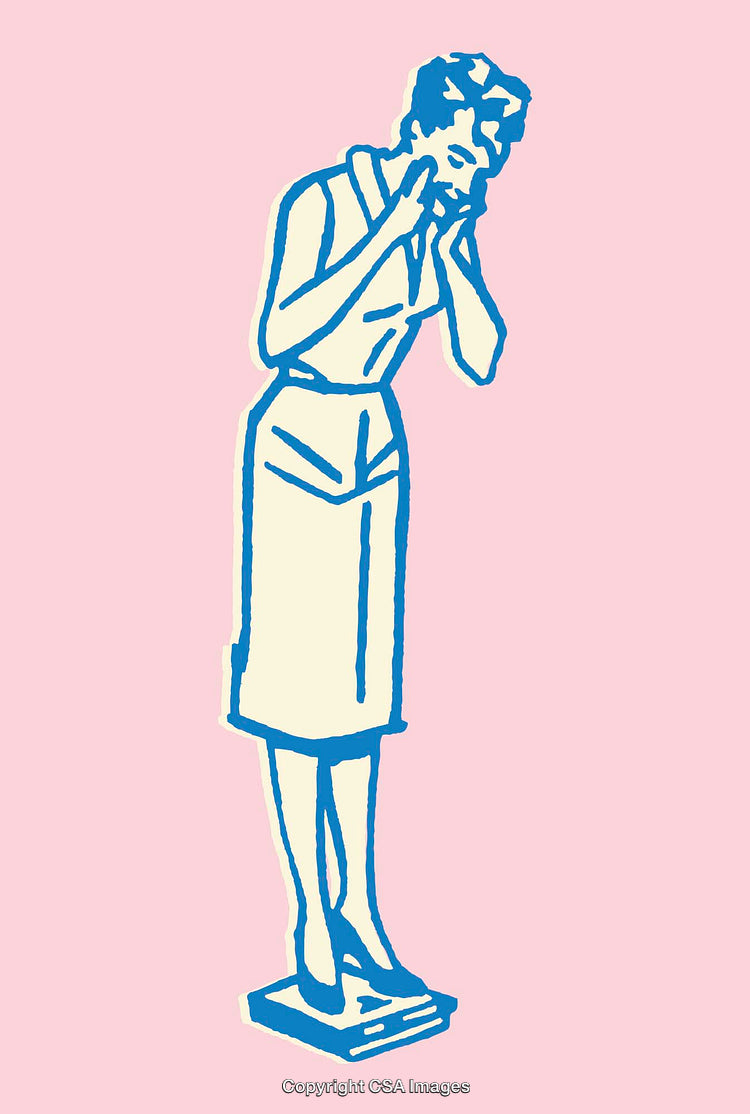 Retro Style Illustration of Woman Standing on Scale with Concerned Look