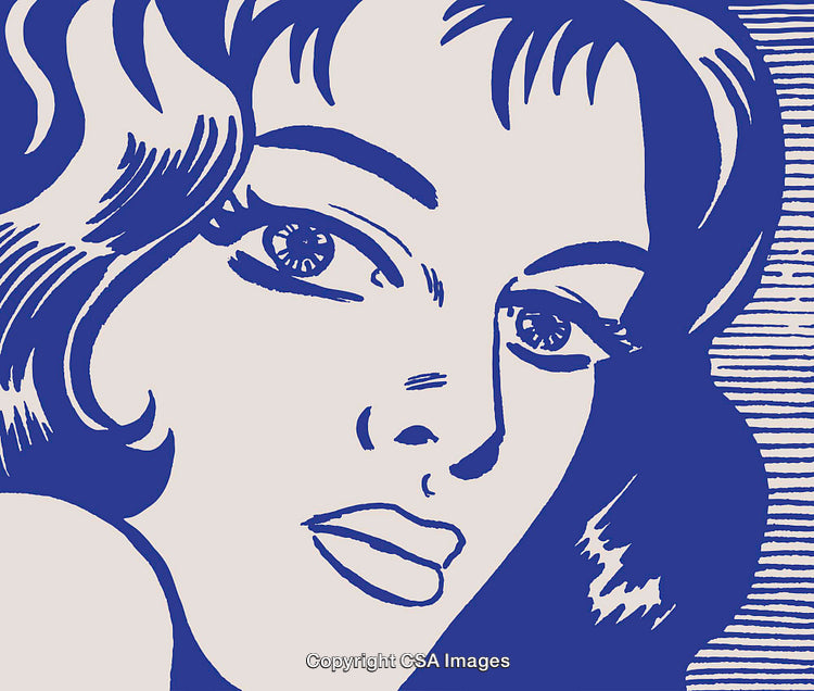 Blue Pop Art Style Illustration of Woman's Face with Artistic Lines