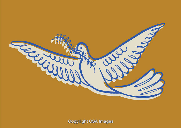 Abstract Line Art Illustration of a Dove Carrying a Twig on Gold Background