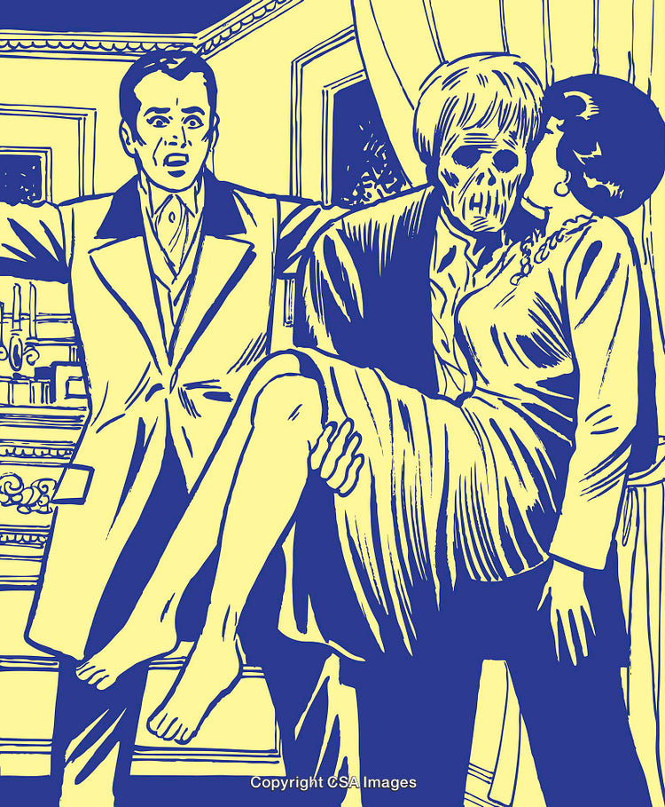 Vintage Horror Scene With Dramatic Characters in Bold Yellow and Blue Colors