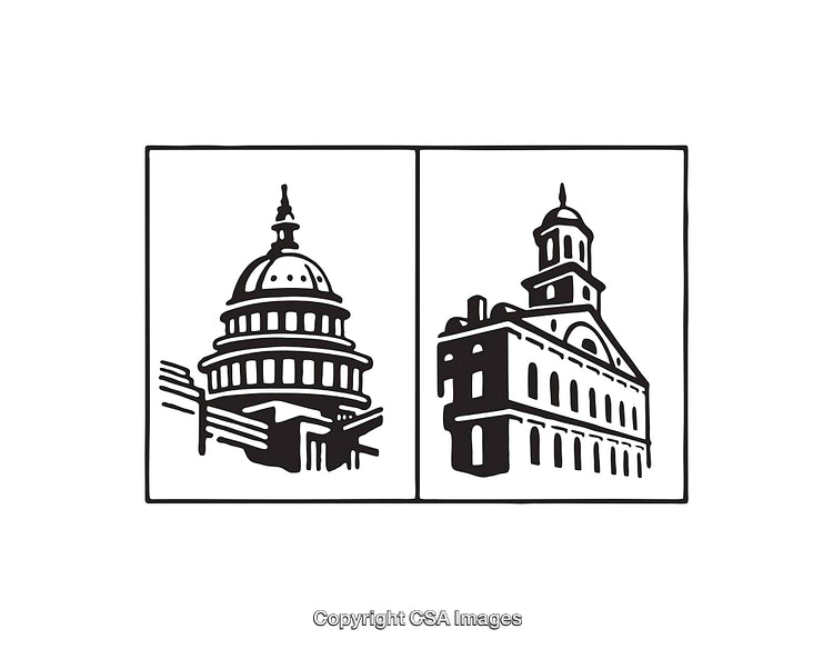Black and White Line Art Illustrations Featuring Iconic Buildings and Panoramic Views