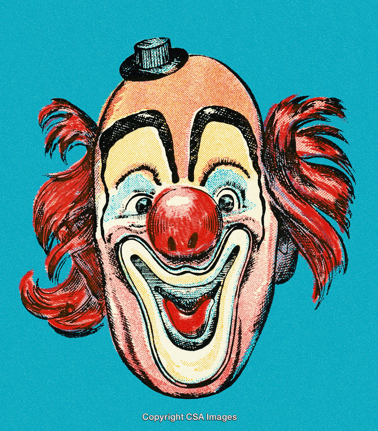 Colorful Cartoon Clown Illustration with Red Hair and Exaggerated Facial Features