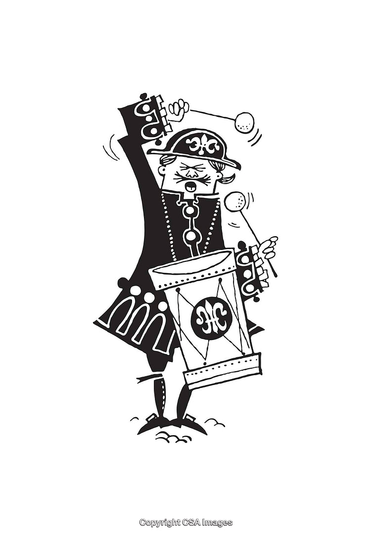 Vintage Black and White Line Art of a Drummer in Uniform