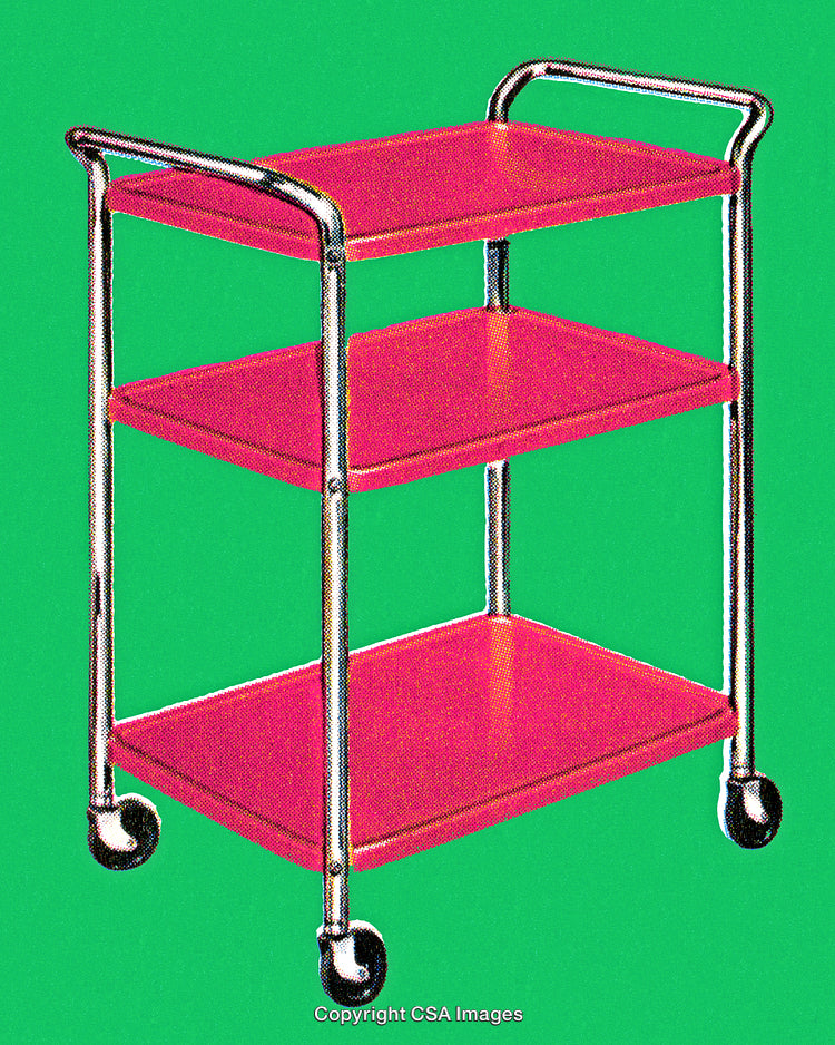 Modern Three-Tier Rolling Cart With Red Shelves On A Vibrant Green Background