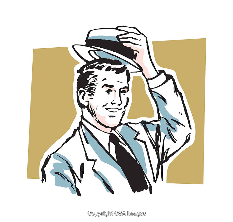 Retro-Style Illustration of a Smiling Man Tipping a Fedora Hat
