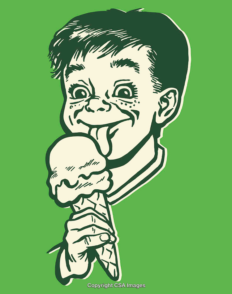 Retro Style Illustration of a Smiling Boy with Ice Cream Cone