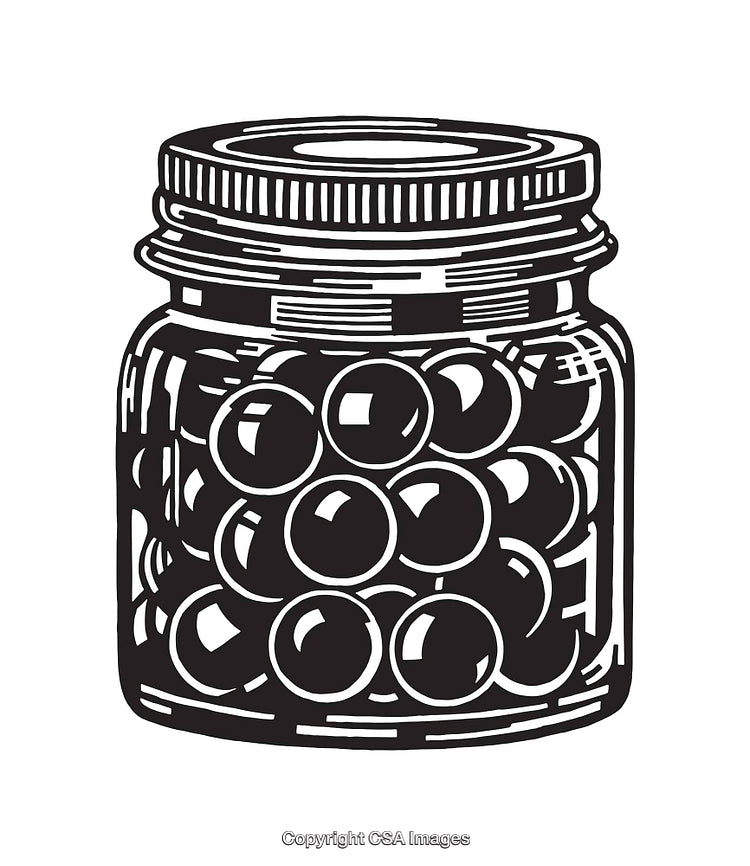 Black and White Line Art of a Jar with Round Objects