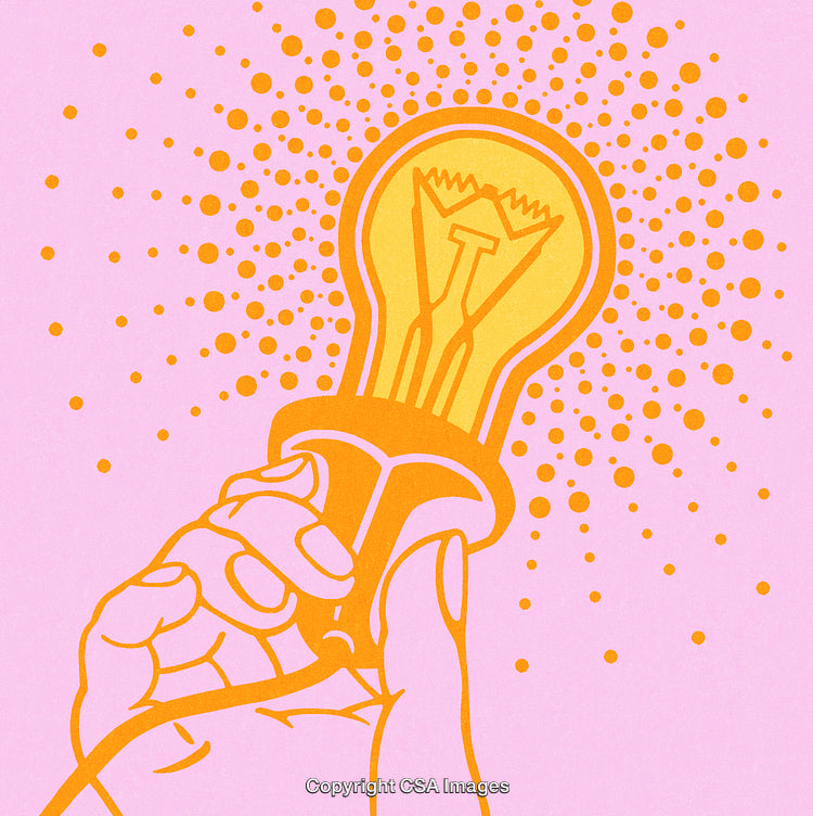Illustration of a Hand Holding a Glowing Light Bulb with a Creative Design