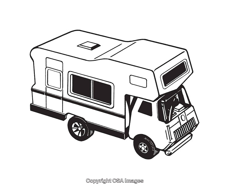 Black and White Line Art Illustration of a Camper Van