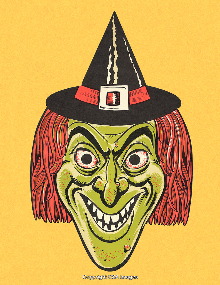 Scary Green Witch Illustration with Hat and Evil Grin on Yellow Background