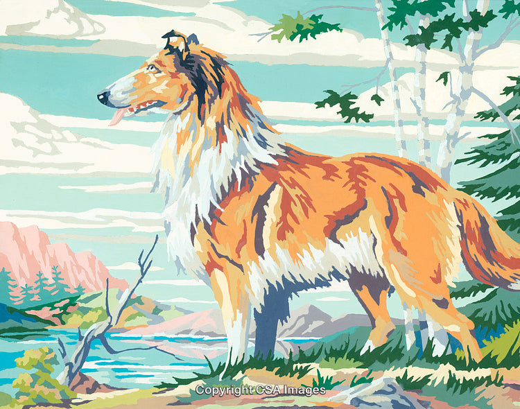 Hand-Painted Dog Illustration in a Scenic Outdoor Landscape