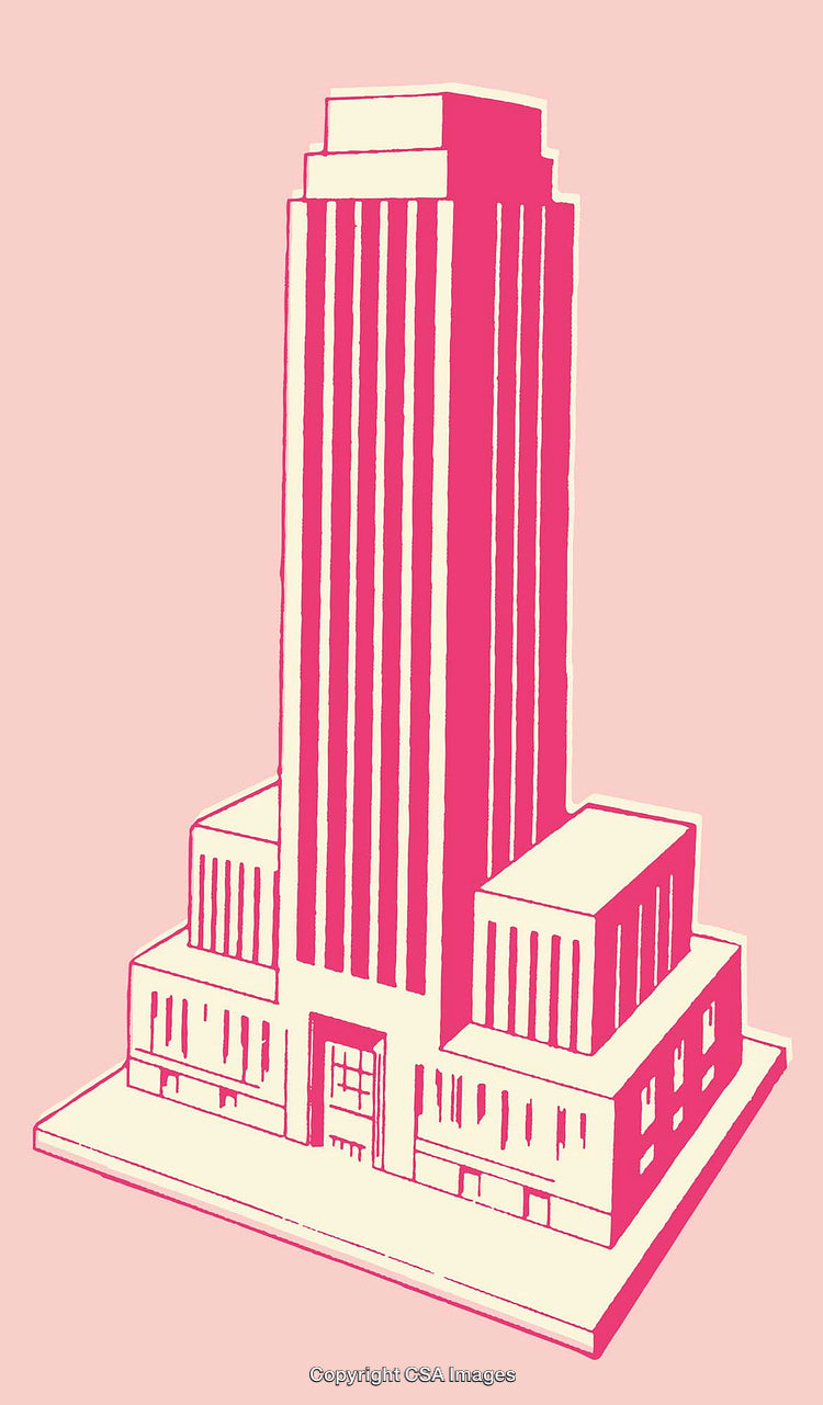 Pink and Cream Art Deco Style Skyscraper Illustration on Solid Background
