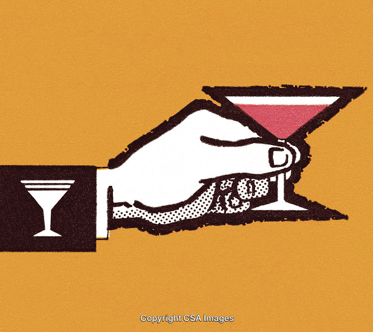 Retro Hand Illustration Holding a Martini Glass Against Yellow Background