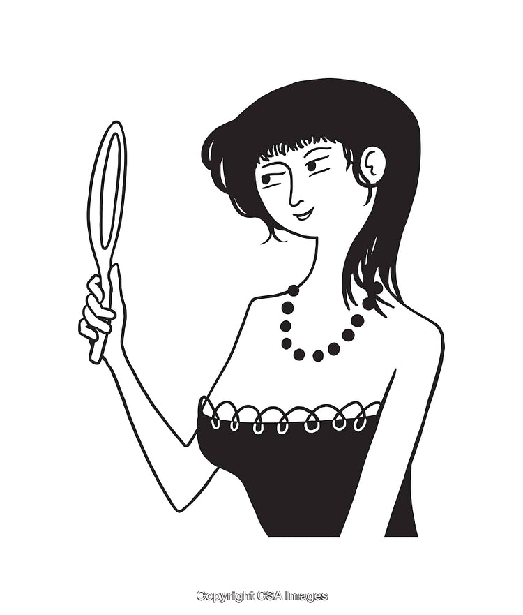 Black and White Illustration of a Woman Holding a Mirror