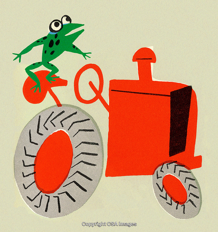 Playful Frog Riding a Red Tractor Illustration on Beige Background