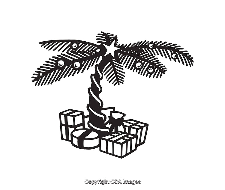 Black And White Line Art Illustration of a Holiday Palm Tree with Gifts