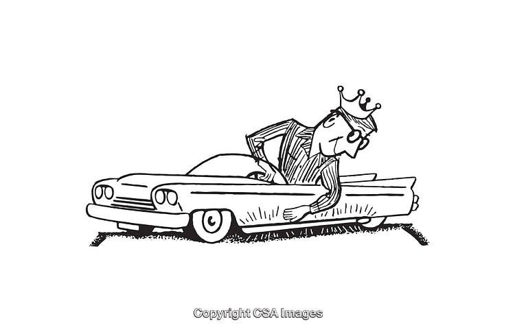 Royal Character Driving Classic Convertible in Fun Line Art Illustration