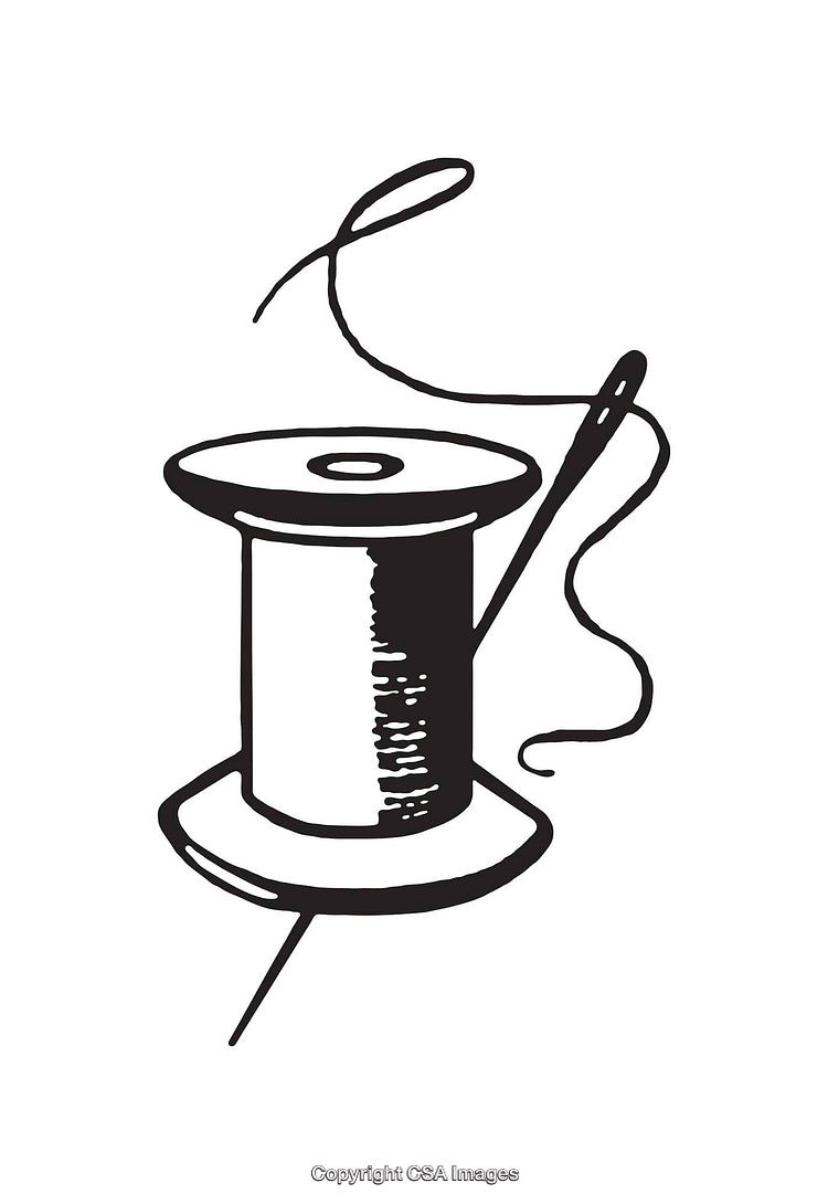 Thread and Needle Depicted in Black and White Line Art Style