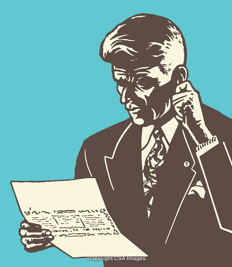 Vintage Businessman Analyzing Document in Retro Color Line Art Illustration