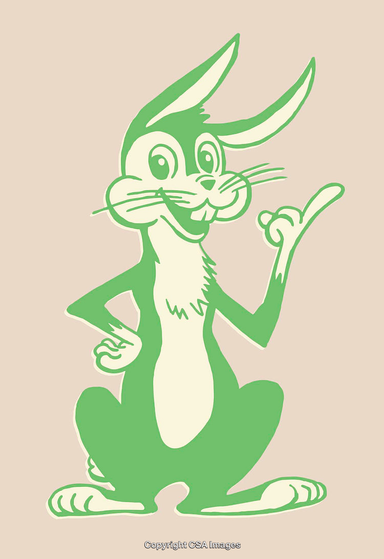 Cartoon Green Rabbit Displaying Confident Gesture on Beige Background Art Illustration