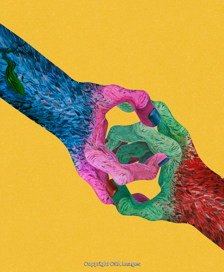 Creative Illustration of Vibrant Hands in Unique Artistic Style on Yellow Background