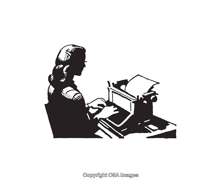Vintage Illustration of a Woman Using a Typewriter in Black and White