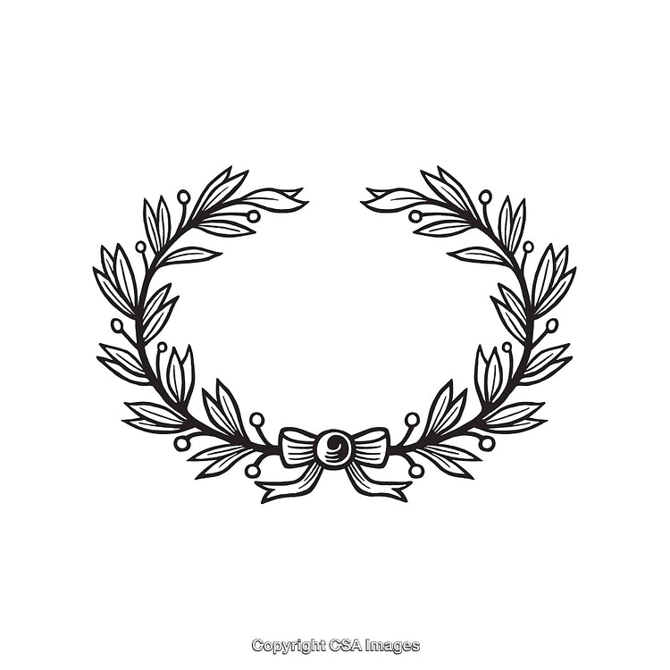 Elegant Line Art Laurel Wreath With Decorative Bow Design