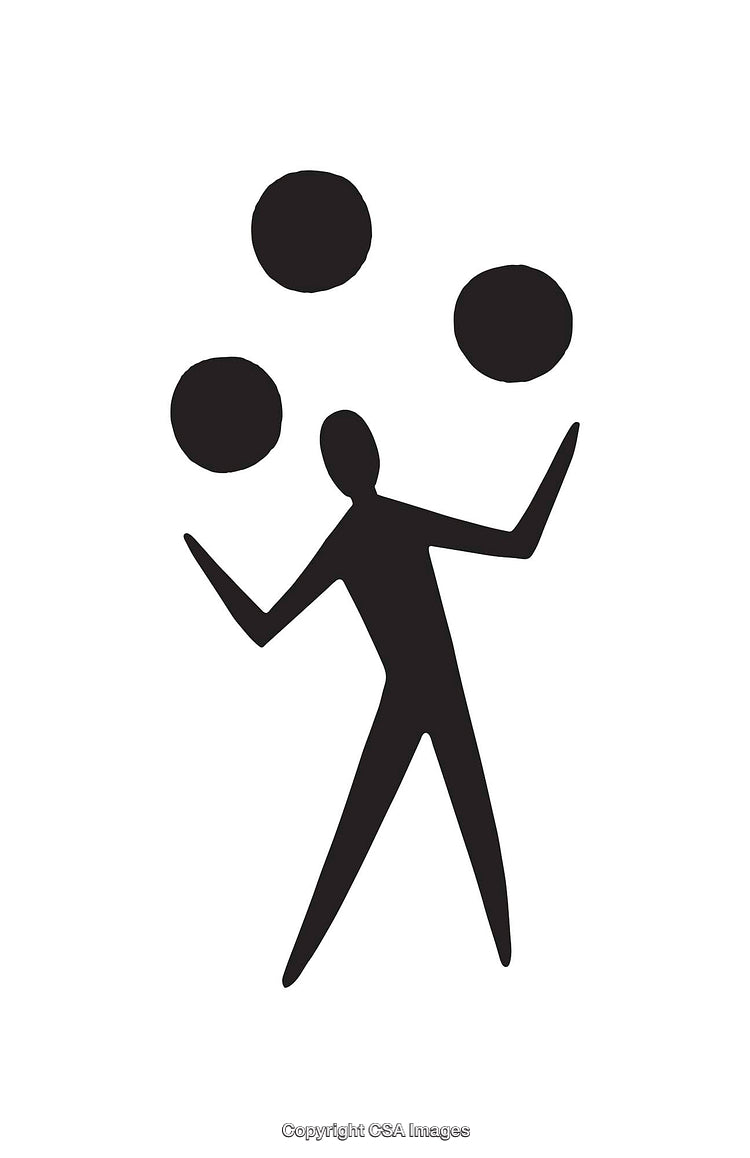 Black and White Icon of Juggling Figure Performing with Three Balls