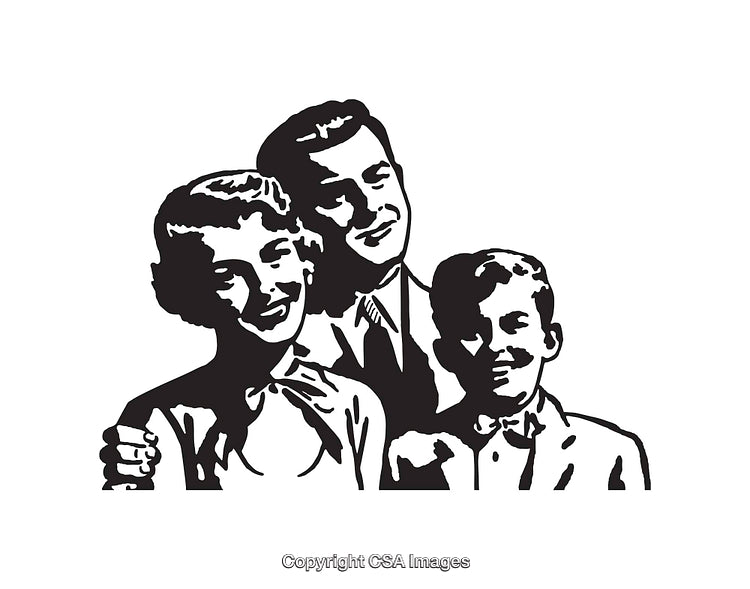 Retro Black and White Line Art Portrait of a Smiling Family