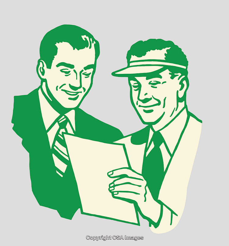Vintage Illustration of Two Men Reviewing a Document in Line Art