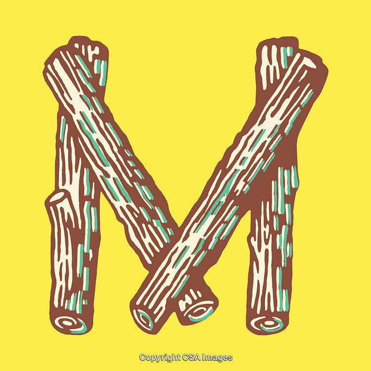 Rustic Letter M Rendered in Stylized Wooden Log Design
