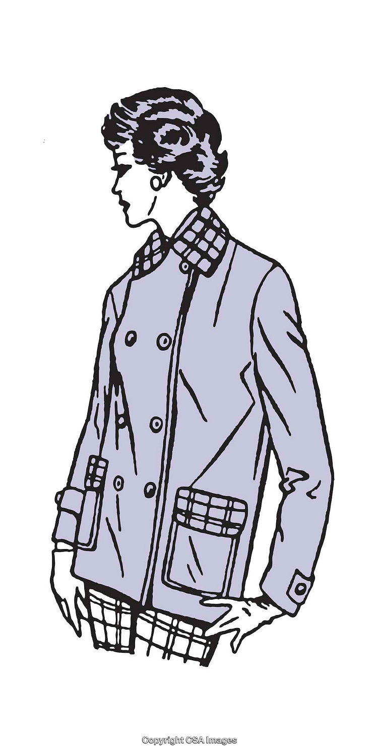 Stylized Illustration of a Woman in a Vintage Coat and Plaid Patterns