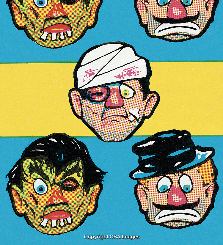 Quirky Illustrated Faces with Dramatic Expressions in a Colorful Comic Style