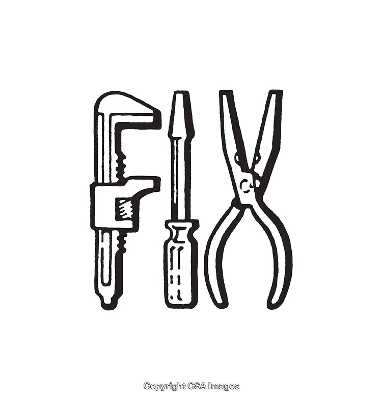 Line Art Illustration of Repair Tools Including Wrench, Screwdriver, and Pliers