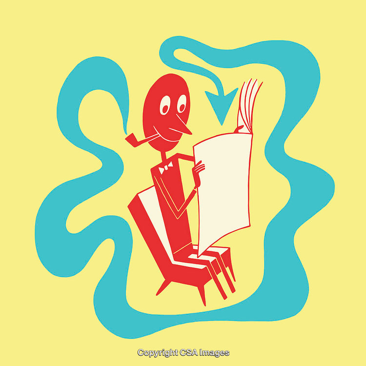 Playful Abstract Illustration of a Cartoon Character Reading a Newspaper