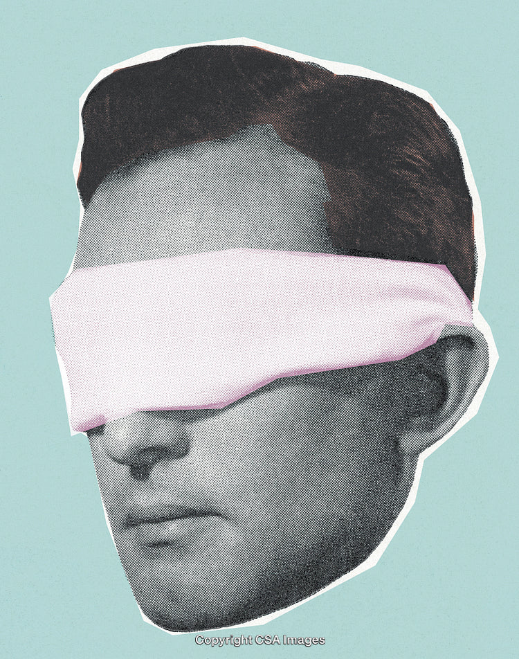 Vintage Stylized Portrait with Blindfolded Figure and Dot Screen Texture