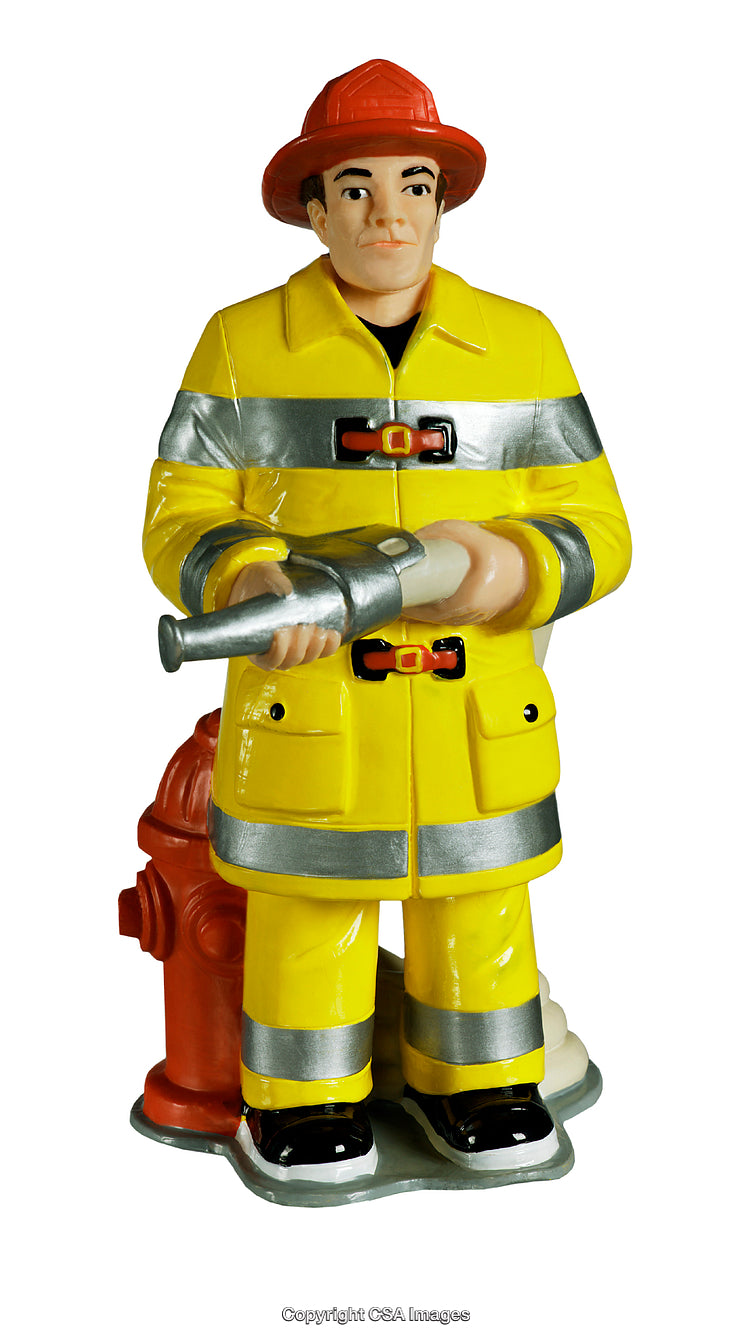 Plastic Toy Figure of Firefighter in Yellow Uniform Holding Equipment