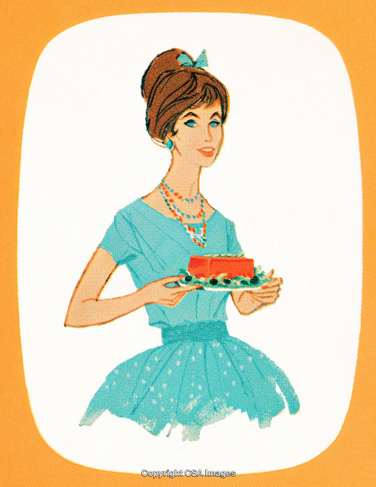Vintage Illustration of a Woman Holding a Plate with a Jelly Dessert