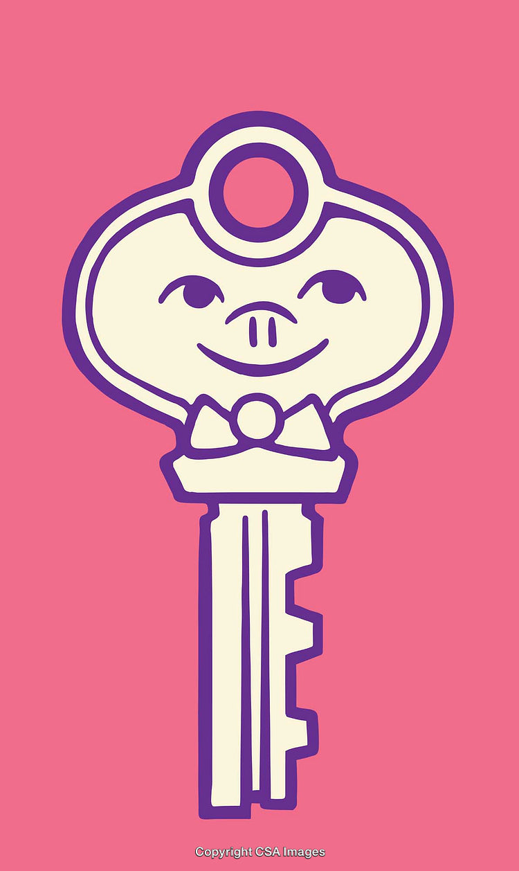 Whimsical Key Illustration with Pig Face Design on Pink Background