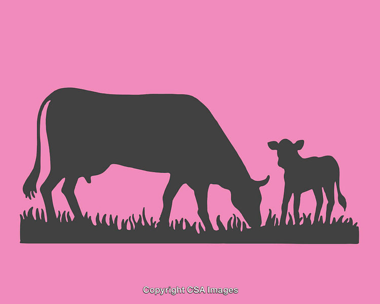 Silhouette of Cow and Calf Grazing on Pink Background