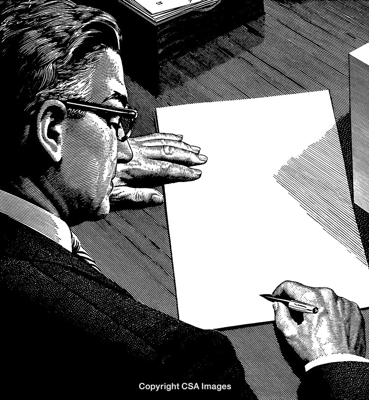 Detailed Black-and-White Engraving Depicting a Man Writing on Blank Paper