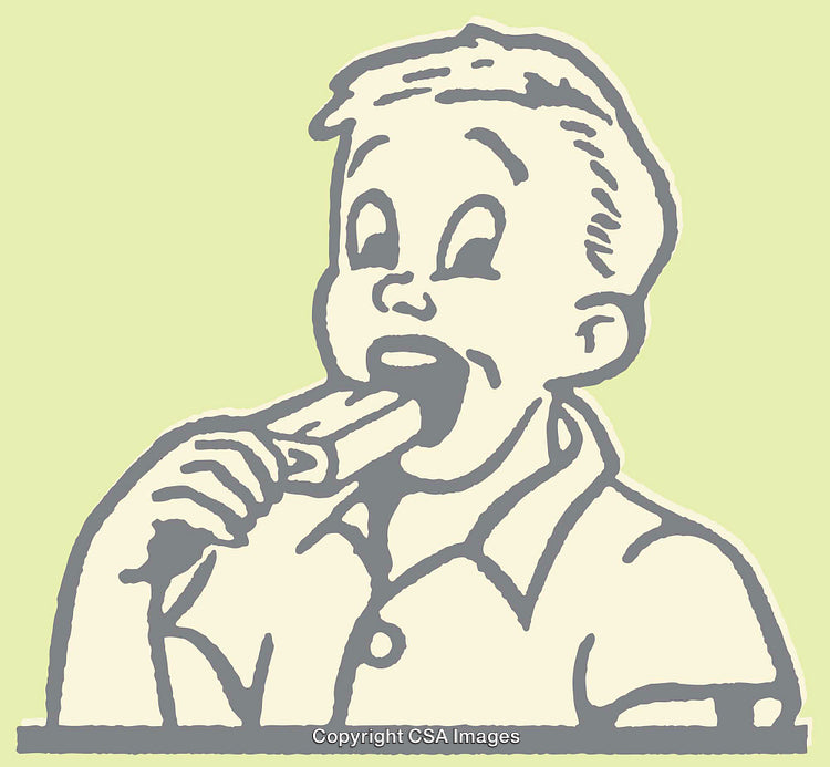 Retro Line Art Illustration of Child Eating a Popsicle