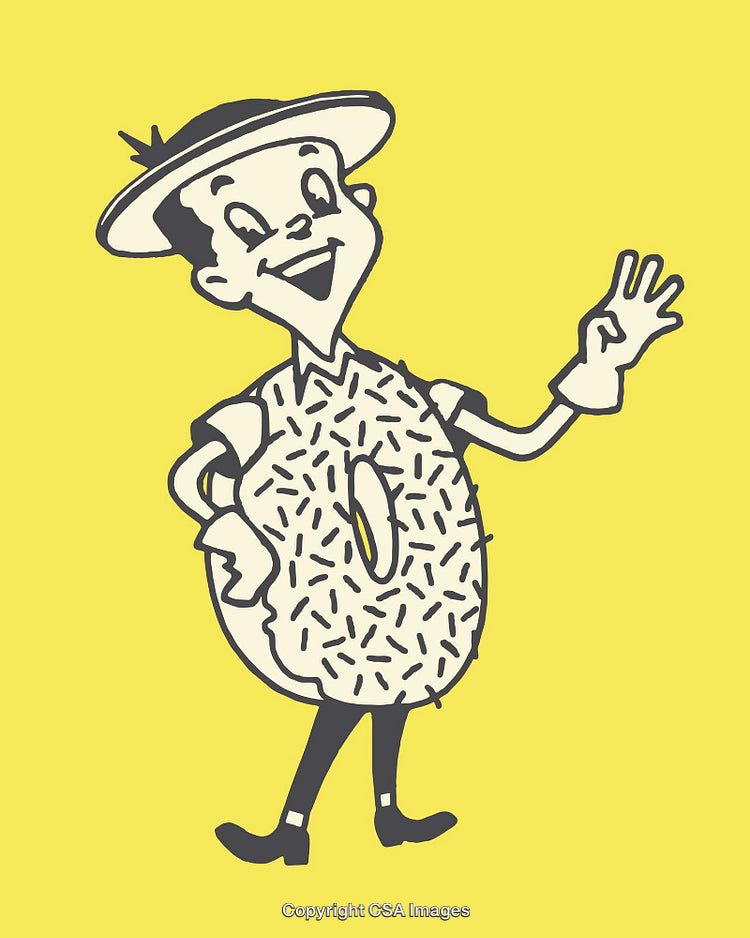 Cheerful Cartoon Character of a Donut Man on Bright Yellow Background